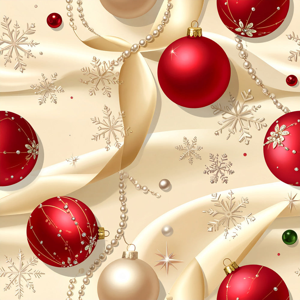 crimson red, cream, champagne gold, pearl white, metallic gold, christmas, holiday, ornaments, baubles, snowflakes, pearls, beads, elegant, luxurious, festive, winter, formal, sophisticated, decorative balls, shiny ornaments, seasonal, celebration, traditional christmas, red and gold, metallic accents, sparkly, glamorous, premium holiday