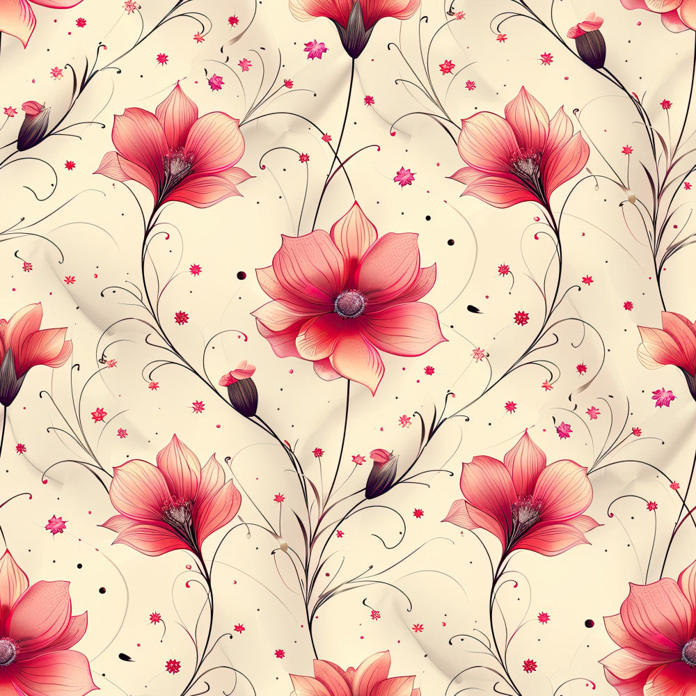 coral pink, hot pink, deep magenta, cream, ivory, beige, floral, botanical, flowers, roses, buds, elegant, whimsical, romantic, vintage, nature, spring, summer, decorative scrolls, curling vines, garden, nature-inspired, feminine, graceful, artistic, detailed, ornate, delicate petals