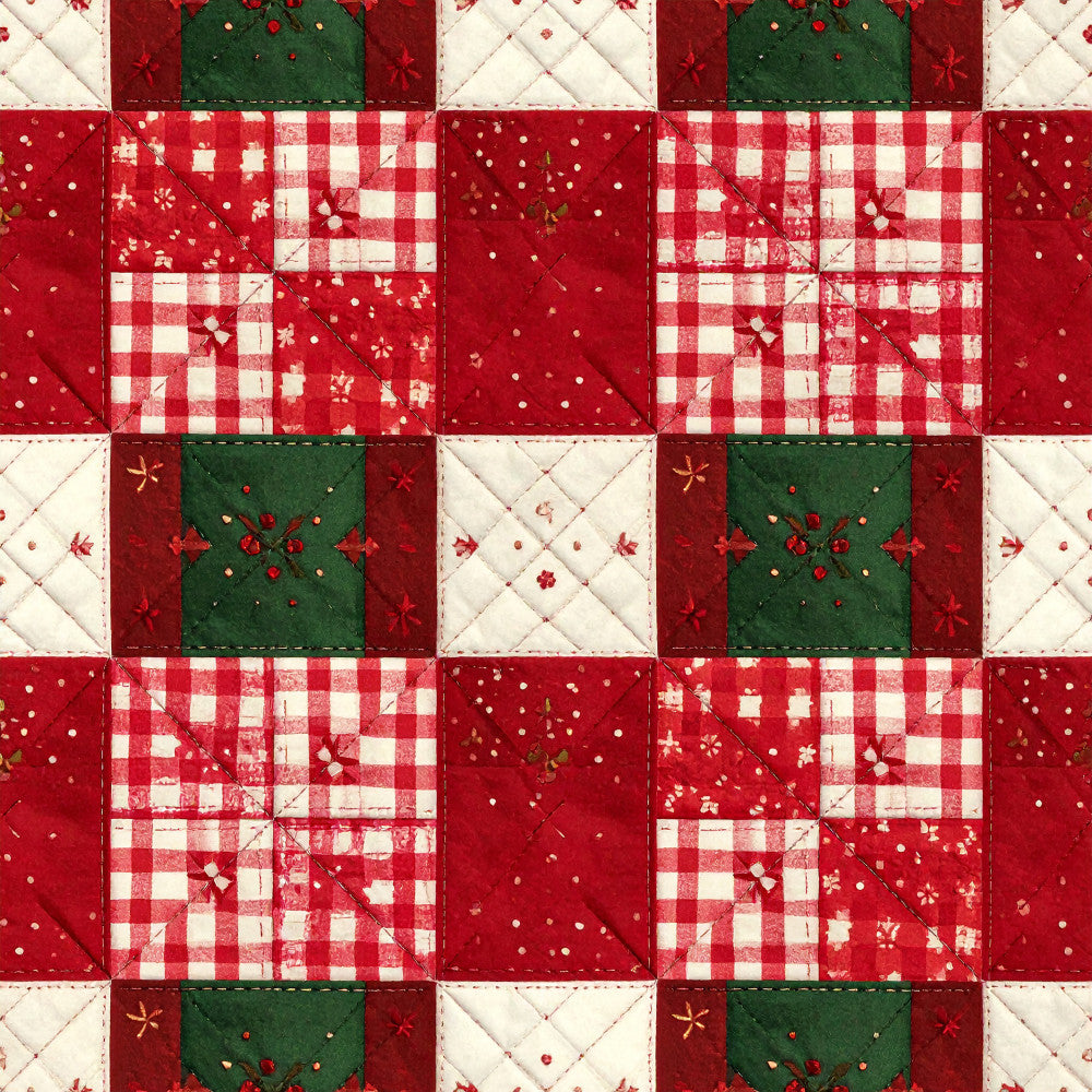 red, cream, forest green, dark green, christmas, holiday, plaid, gingham, polka dot, floral, patchwork, quilted, traditional, rustic, farmhouse, vintage, festive, winter, stars, berries, geometric, red and white, red and green, country, classic, cozy, quilt squares, snowflakes, decorative stitching