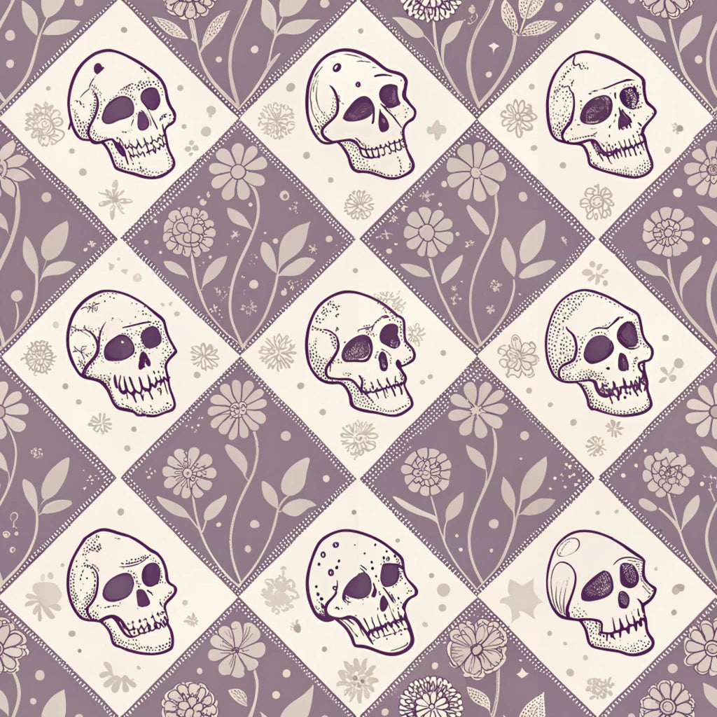 purple, lavender, cream, beige, skulls, floral motifs, diamond pattern, geometric layout, vintage style, retro aesthetic, halloween theme, spooky design, alternating squares, botanical elements,, fabric panel, gothic mood, decorative skulls, repeating pattern, seasonal fabric