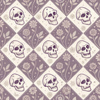 purple, lavender, cream, beige, skulls, floral motifs, diamond pattern, geometric layout, vintage style, retro aesthetic, halloween theme, spooky design, alternating squares, botanical elements,, fabric panel, gothic mood, decorative skulls, repeating pattern, seasonal fabric