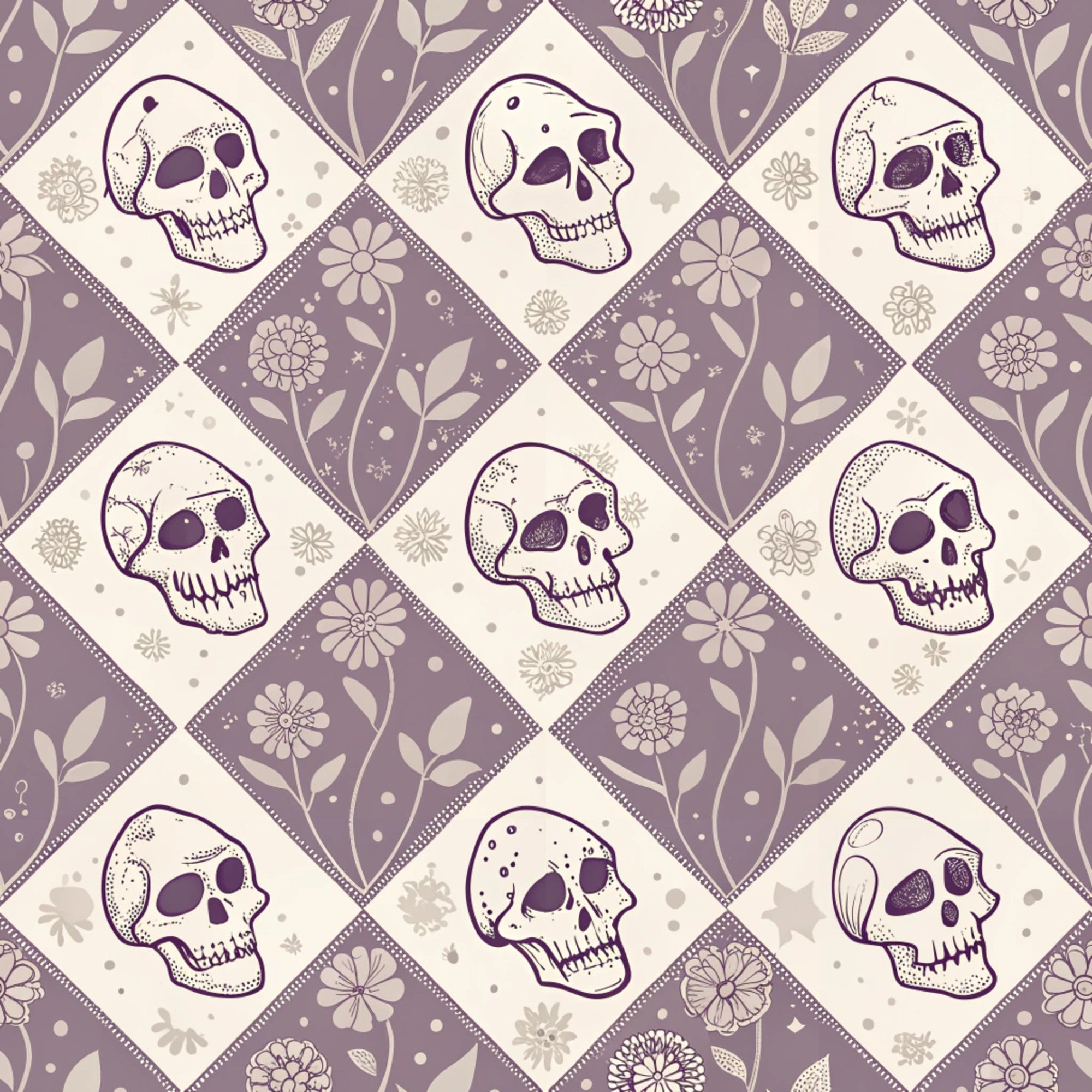 purple, lavender, cream, beige, skulls, floral motifs, diamond pattern, geometric layout, vintage style, retro aesthetic, halloween theme, spooky design, alternating squares, botanical elements,, fabric panel, gothic mood, decorative skulls, repeating pattern, seasonal fabric