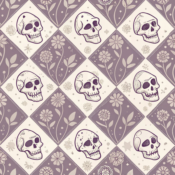 purple, lavender, cream, beige, skulls, floral motifs, diamond pattern, geometric layout, vintage style, retro aesthetic, halloween theme, spooky design, alternating squares, botanical elements,, fabric panel, gothic mood, decorative skulls, repeating pattern, seasonal fabric