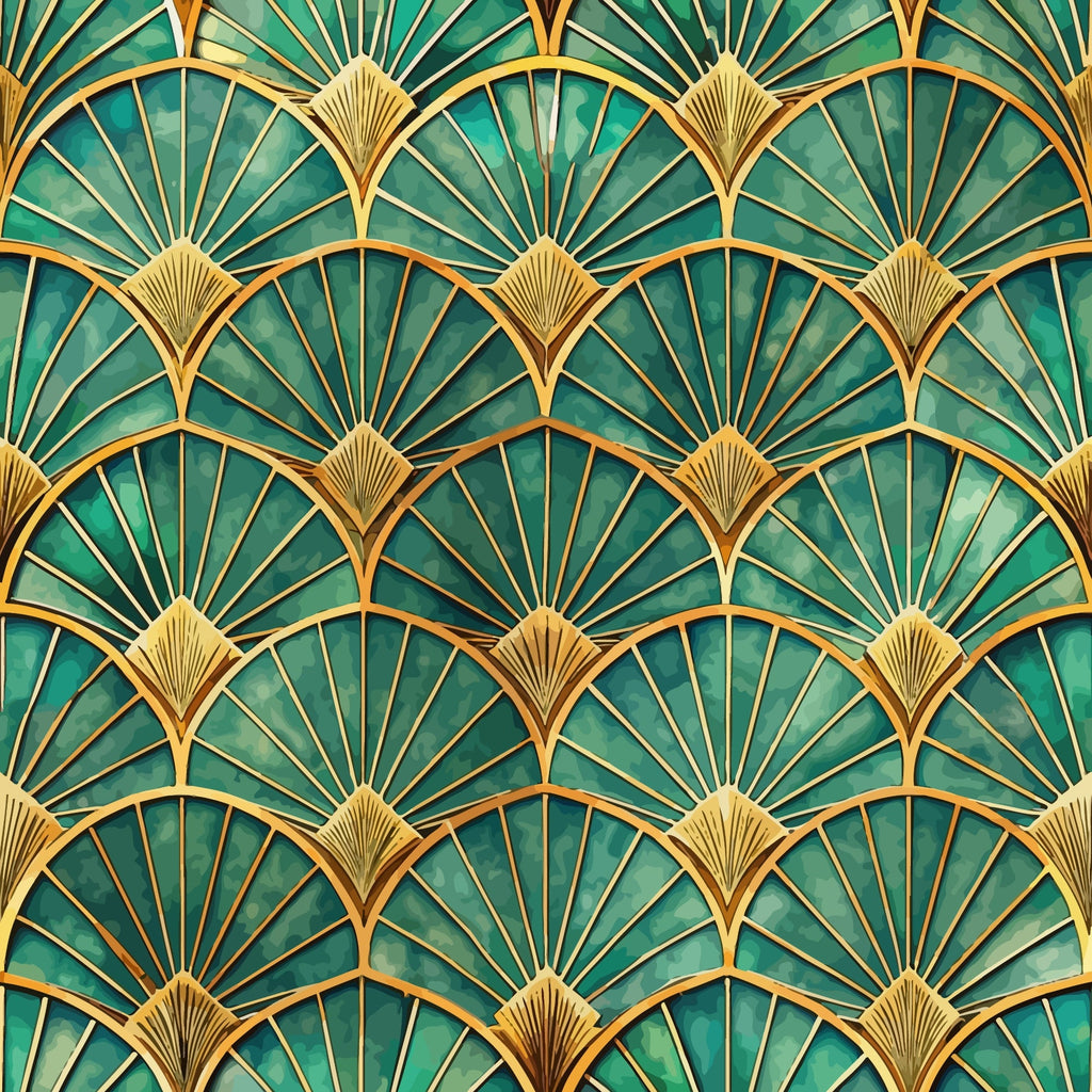 emerald green, gold, teal, fan pattern, art deco, geometric design, radiating lines, scalloped motif, repetitive pattern, luxurious, elegant, vintage style,, fabric panel, 1920s inspired, peacock feathers, shell design, ornate details, sophisticated pattern