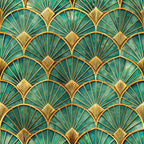 emerald green, gold, teal, fan pattern, art deco, geometric design, radiating lines, scalloped motif, repetitive pattern, luxurious, elegant, vintage style,, fabric panel, 1920s inspired, peacock feathers, shell design, ornate details, sophisticated pattern