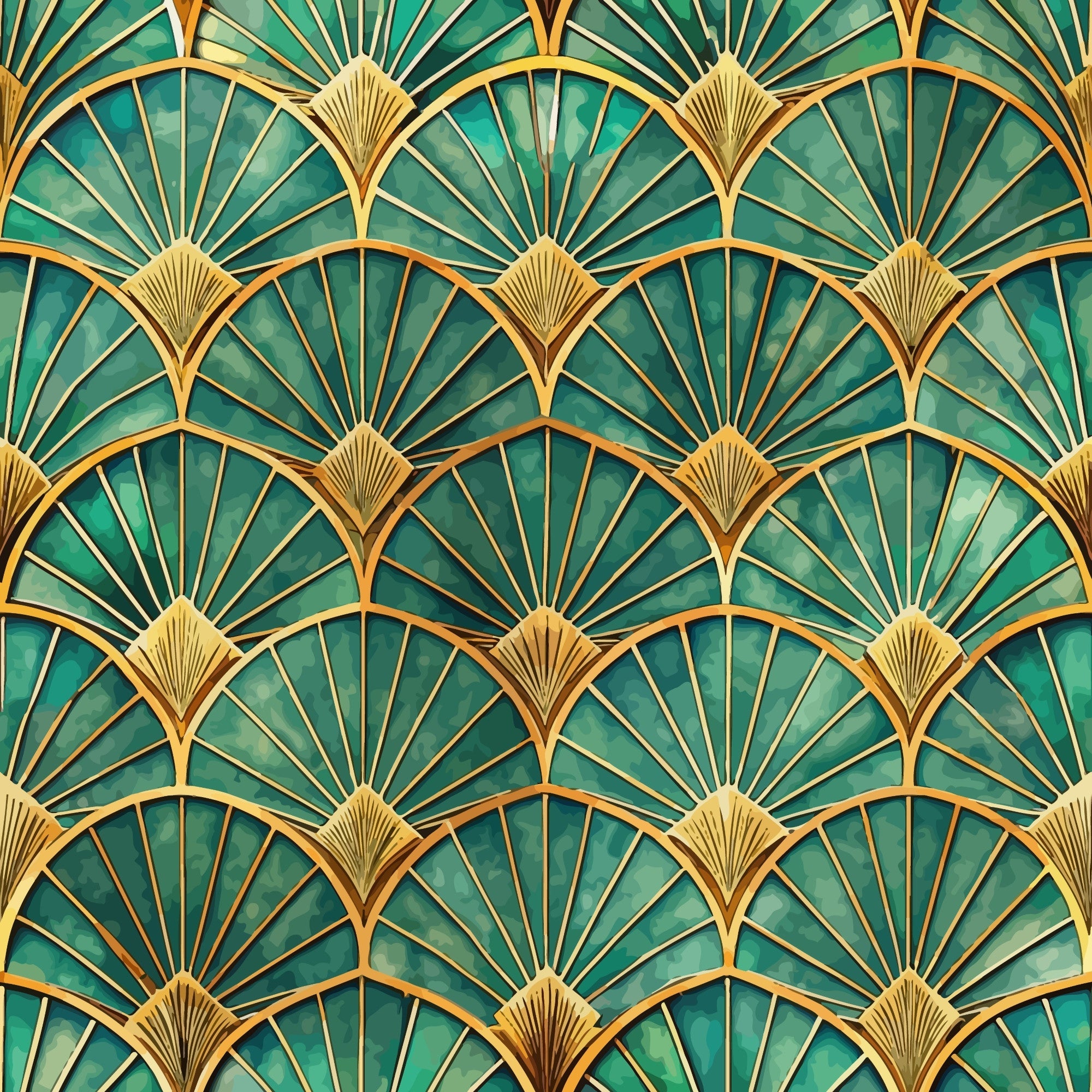 emerald green, gold, teal, fan pattern, art deco, geometric design, radiating lines, scalloped motif, repetitive pattern, luxurious, elegant, vintage style,, fabric panel, 1920s inspired, peacock feathers, shell design, ornate details, sophisticated pattern