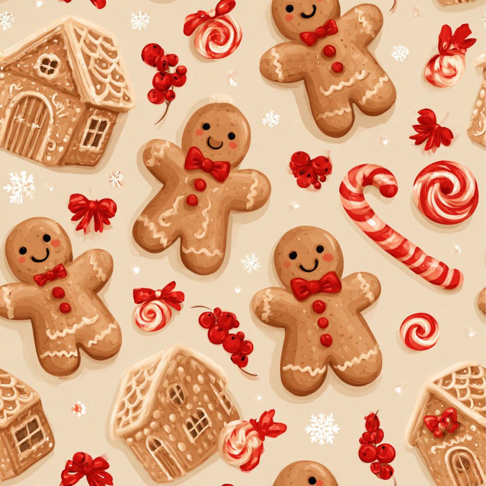 gingerbread, candy cane, peppermint, cream, red, white, holiday, christmas, festive, whimsical, gingerbread man, gingerbread house, lollipop, candy, winter, sweet treats, cheerful, playful, nursery, kids room, playroom, cute, traditional christmas, vintage holiday, red and white, bows, berries, snowflakes, rustic christmas