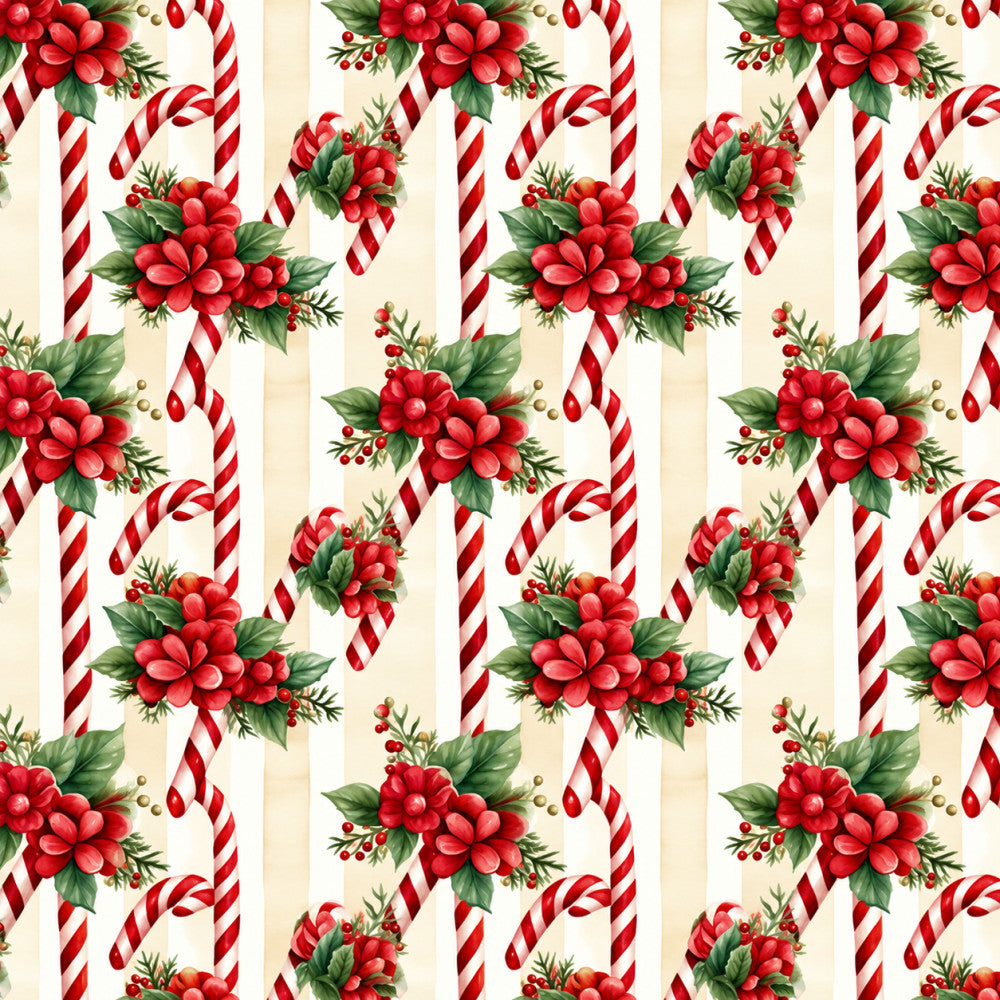 red flowers, candy cane, peppermint stripe, holiday, christmas, festive, vintage, traditional, botanical, floral, red and cream, cream white, green leaves, berries, winter, red dahlias, striped pattern, candy cane stripes, seasonal, elegant, whimsical, red blooms, decorative, nostalgic, retro, cottage core, farmhouse, classic, red and white