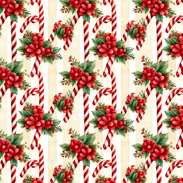 red flowers, candy cane, peppermint stripe, holiday, christmas, festive, vintage, traditional, botanical, floral, red and cream, cream white, green leaves, berries, winter, red dahlias, striped pattern, candy cane stripes, seasonal, elegant, whimsical, red blooms, decorative, nostalgic, retro, cottage core, farmhouse, classic, red and white