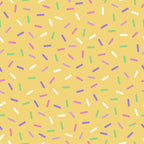 yellow background, rainbow sprinkles, colorful confetti, pink sprinkles, purple sprinkles, green sprinkles, white sprinkles, blue sprinkles, scattered pattern, random placement, cheerful design, playful mood,, fabric panel, baking theme, dessert motif, bright colors, festive pattern, sweet treats, candy colors