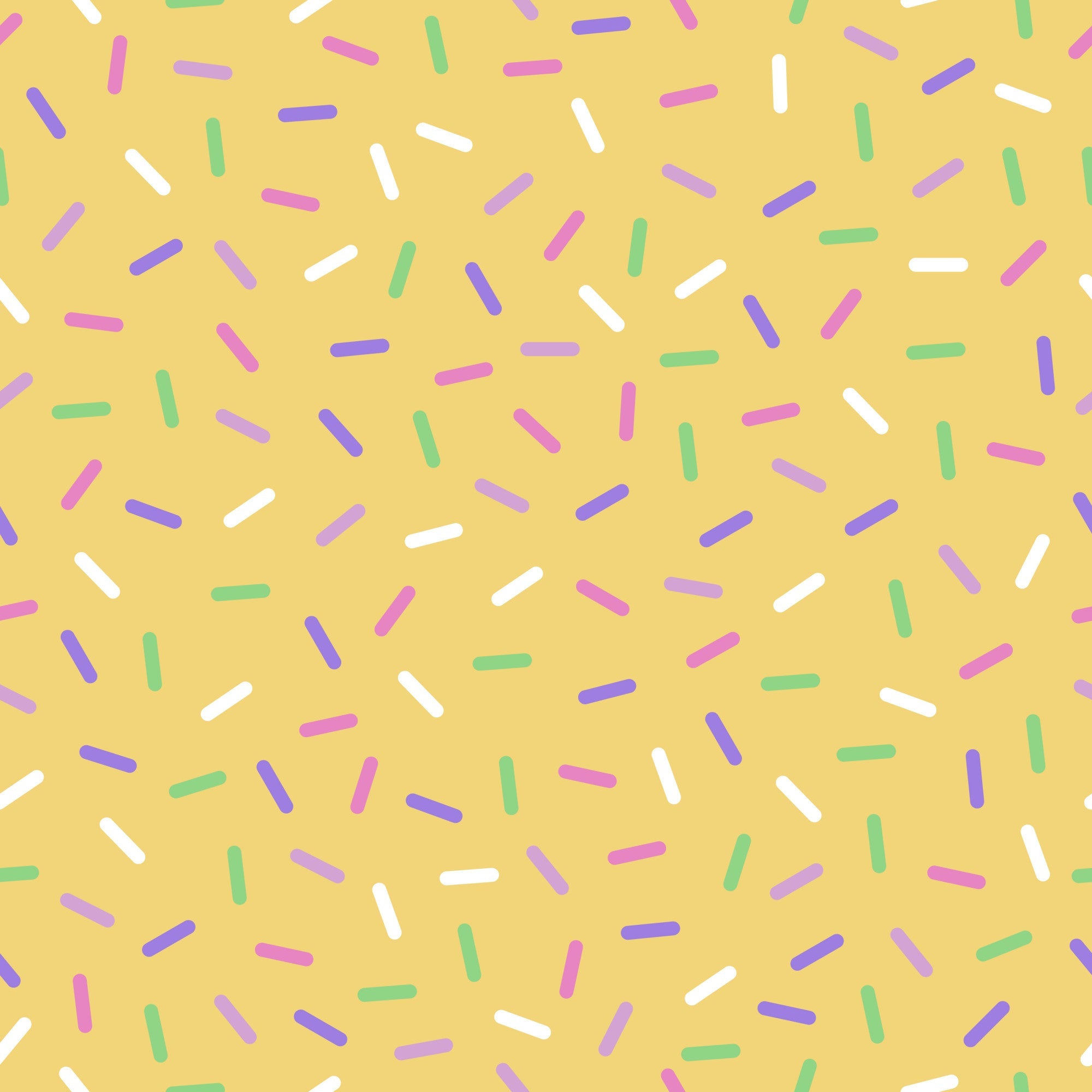yellow background, rainbow sprinkles, colorful confetti, pink sprinkles, purple sprinkles, green sprinkles, white sprinkles, blue sprinkles, scattered pattern, random placement, cheerful design, playful mood,, fabric panel, baking theme, dessert motif, bright colors, festive pattern, sweet treats, candy colors