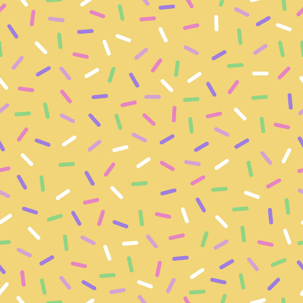 yellow background, rainbow sprinkles, colorful confetti, pink sprinkles, purple sprinkles, green sprinkles, white sprinkles, blue sprinkles, scattered pattern, random placement, cheerful design, playful mood,, fabric panel, baking theme, dessert motif, bright colors, festive pattern, sweet treats, candy colors