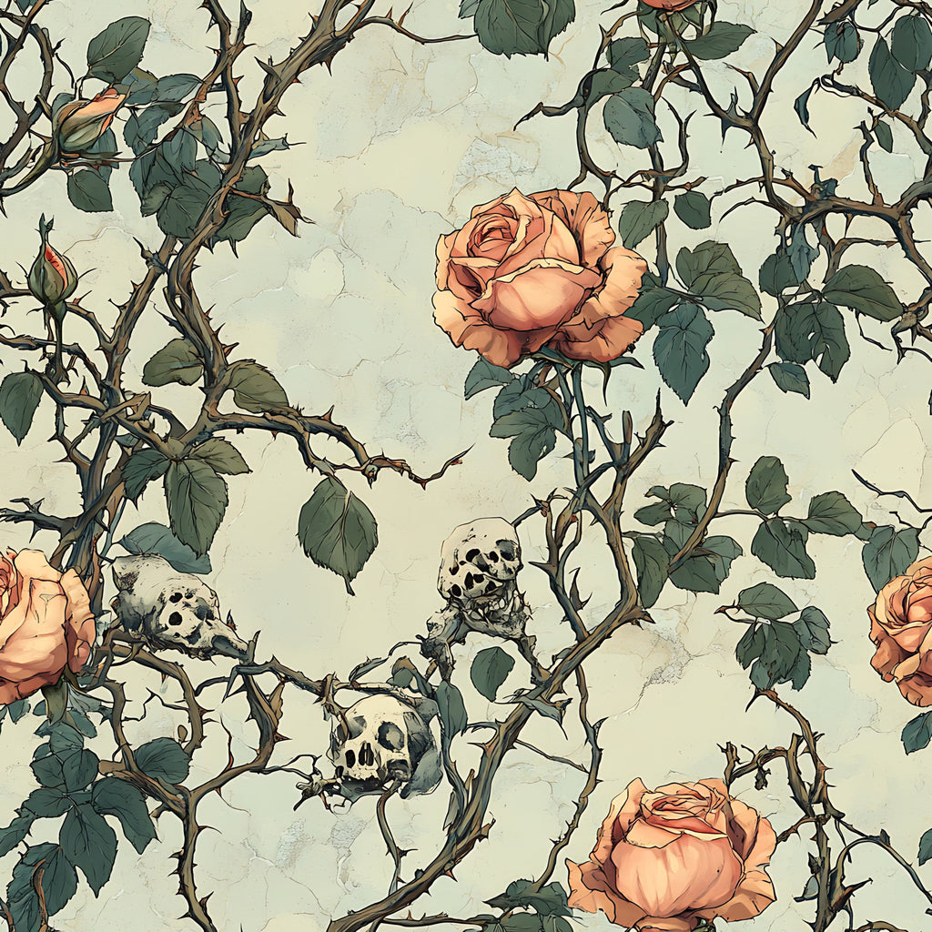 coral roses, peach flowers, skulls, thorny vines, green leaves, cream background, gothic pattern, floral design, bramble thorns, bone motifs,, fabric panel, dark romantic, vintage illustration, botanical elements, macabre florals, rose bushes, weathered texture