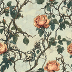 coral roses, peach flowers, skulls, thorny vines, green leaves, cream background, gothic pattern, floral design, bramble thorns, bone motifs,, fabric panel, dark romantic, vintage illustration, botanical elements, macabre florals, rose bushes, weathered texture