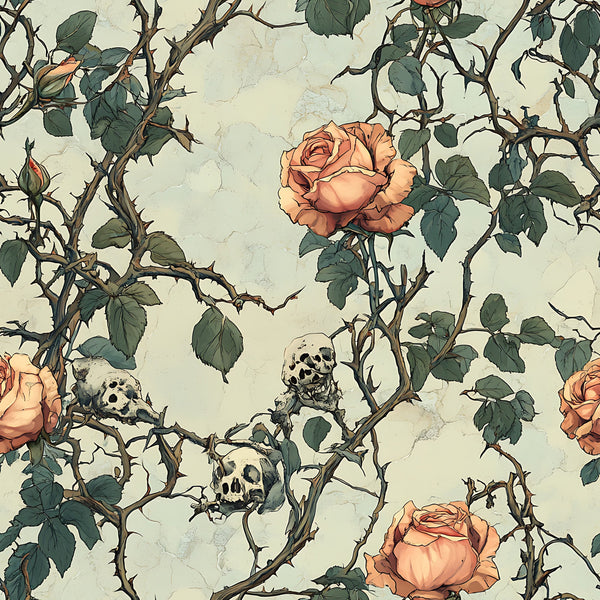 coral roses, peach flowers, skulls, thorny vines, green leaves, cream background, gothic pattern, floral design, bramble thorns, bone motifs,, fabric panel, dark romantic, vintage illustration, botanical elements, macabre florals, rose bushes, weathered texture
