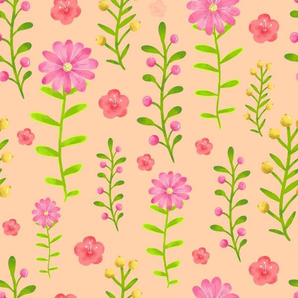 pink flowers, coral blossoms, yellow buds, green stems, peach background, hand drawn, watercolor style, floral pattern, botanical design,, fabric panel, spring flowers, delicate petals, scattered blooms, feminine design, soft pastels, garden flowers, crafting fabric, sewing material