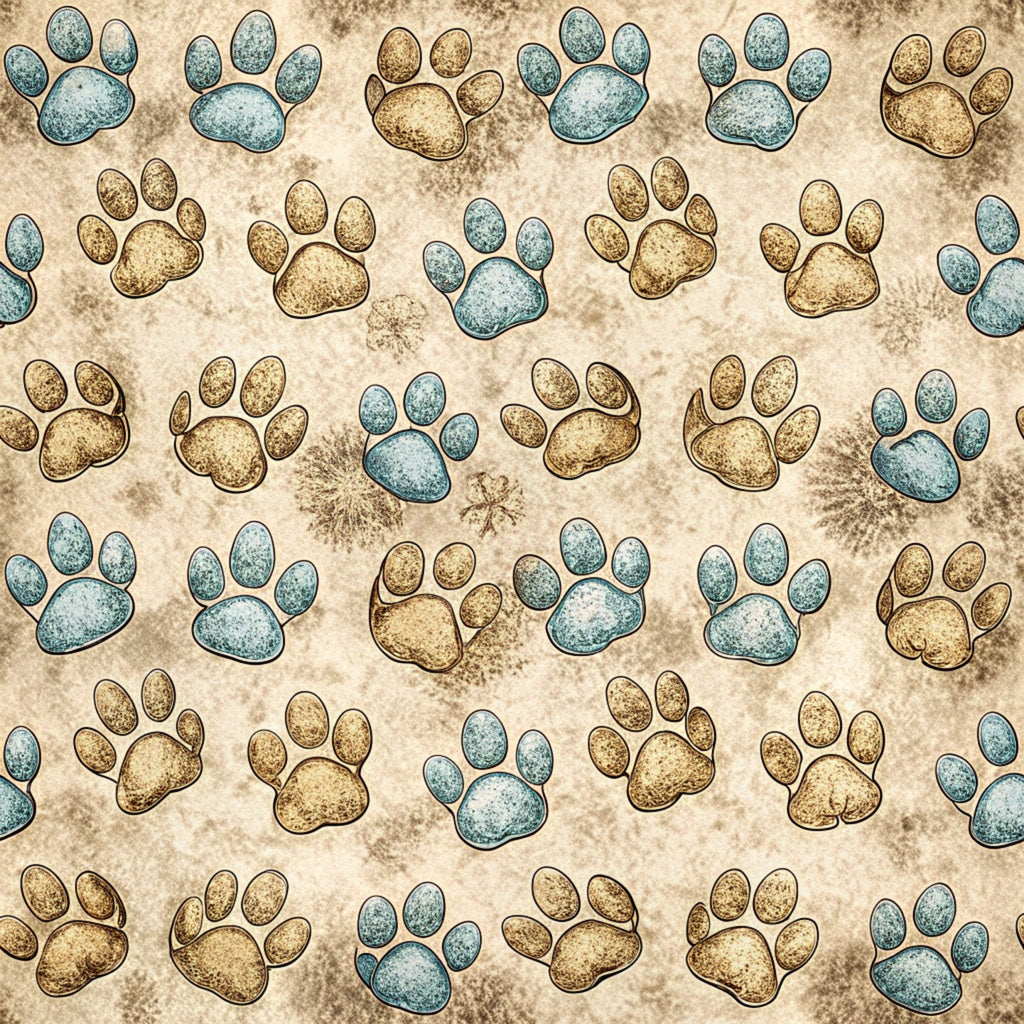 paw prints, dog paws, blue paws, brown paws, beige background, sandy texture, animal tracks, pet themed,, fabric panel, scattered pattern, rustic style, earthy tones, natural colors, dog lover, pet motif, repeating design, textured background, animal print, craft fabric