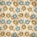 paw prints, dog paws, blue paws, brown paws, beige background, sandy texture, animal tracks, pet themed,, fabric panel, scattered pattern, rustic style, earthy tones, natural colors, dog lover, pet motif, repeating design, textured background, animal print, craft fabric