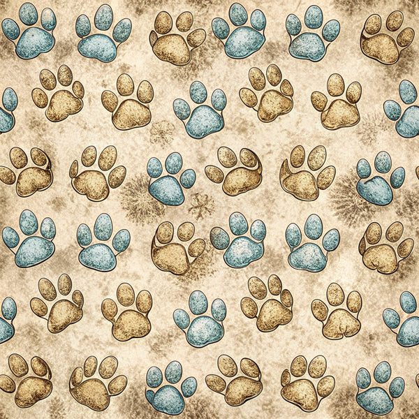 paw prints, dog paws, blue paws, brown paws, beige background, sandy texture, animal tracks, pet themed,, fabric panel, scattered pattern, rustic style, earthy tones, natural colors, dog lover, pet motif, repeating design, textured background, animal print, craft fabric