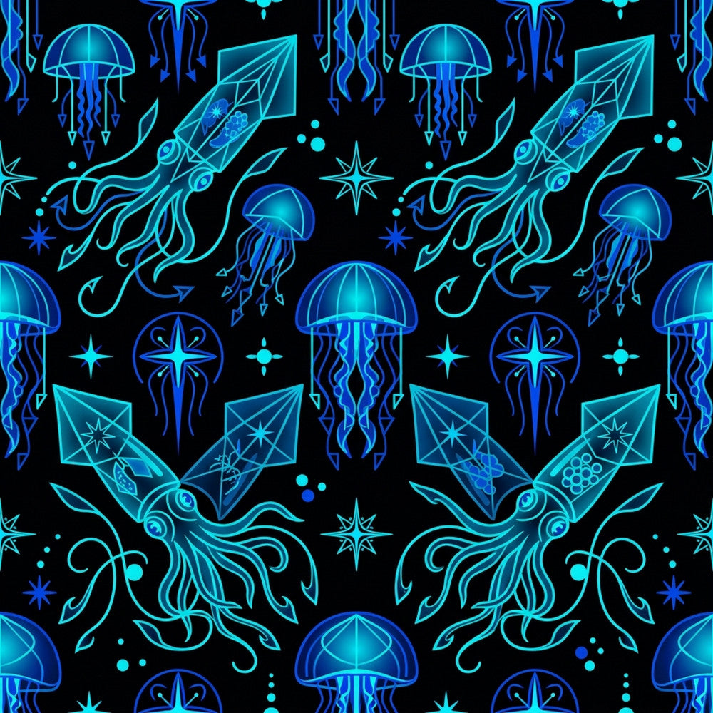 neon blue, cyan, electric blue, deep blue, black background, jellyfish, squid, octopus, nautical, ocean, sea creatures, underwater, celestial, stars, geometric, abstract, modern, glowing, bioluminescent, neon glow, space theme, cosmic, whimsical, fantasy, sci-fi, science fiction, glow-in-the-dark aesthetic, kids room, playroom, boys room