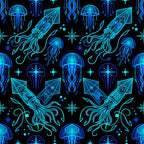 neon blue, cyan, electric blue, deep blue, black background, jellyfish, squid, octopus, nautical, ocean, sea creatures, underwater, celestial, stars, geometric, abstract, modern, glowing, bioluminescent, neon glow, space theme, cosmic, whimsical, fantasy, sci-fi, science fiction, glow-in-the-dark aesthetic, kids room, playroom, boys room