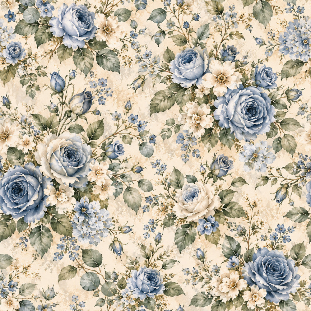 blue roses, cream background, dusty blue, soft blue, white roses, pale yellow flowers, vintage floral, cottage core, romantic, traditional, shabby chic, garden flowers, botanical, nature-inspired, spring flowers, delicate flowers, rose pattern, multi-floral, cream and blue, soft pastels, nostalgia, classic floral, timeless, elegant, feminine, baby girl, nursery, vintage garden, hydrangea, rose buds