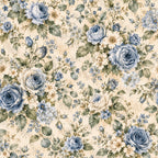 blue roses, cream background, dusty blue, soft blue, white roses, pale yellow flowers, vintage floral, cottage core, romantic, traditional, shabby chic, garden flowers, botanical, nature-inspired, spring flowers, delicate flowers, rose pattern, multi-floral, cream and blue, soft pastels, nostalgia, classic floral, timeless, elegant, feminine, baby girl, nursery, vintage garden, hydrangea, rose buds