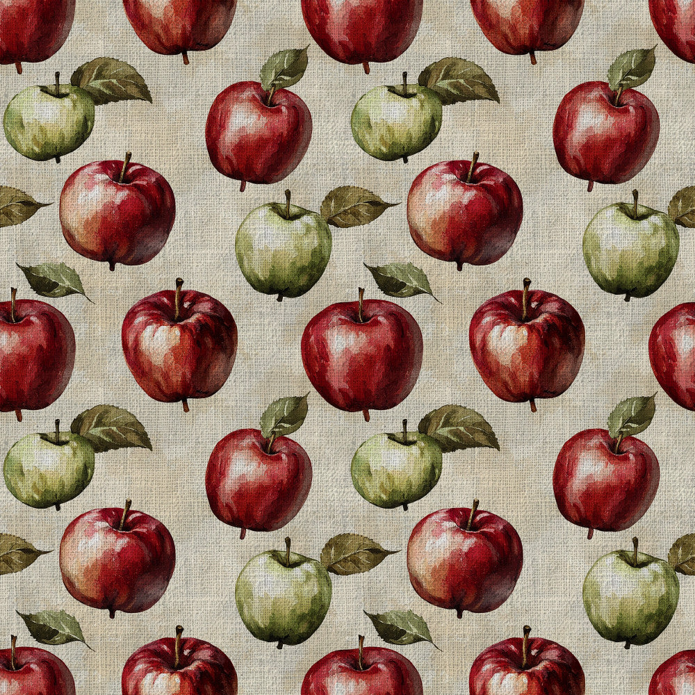 red apples, green apples, cream background, apple orchard, fruit pattern, botanical, farmhouse style, rustic, vintage, nature theme, harvest, autumn, fall, traditional, country, natural leaves, stems, textured background, linen look, cottage core, kitchen theme, orchard, produce, homespun, warm tones, earth tones, deep red, sage green, classic pattern, timeless design