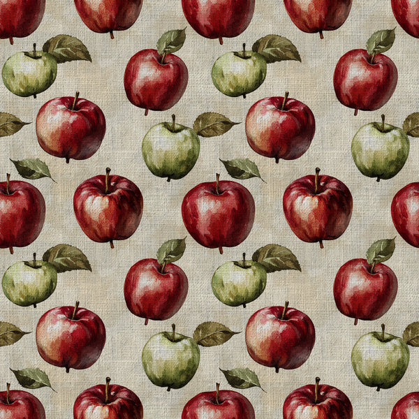 red apples, green apples, cream background, apple orchard, fruit pattern, botanical, farmhouse style, rustic, vintage, nature theme, harvest, autumn, fall, traditional, country, natural leaves, stems, textured background, linen look, cottage core, kitchen theme, orchard, produce, homespun, warm tones, earth tones, deep red, sage green, classic pattern, timeless design