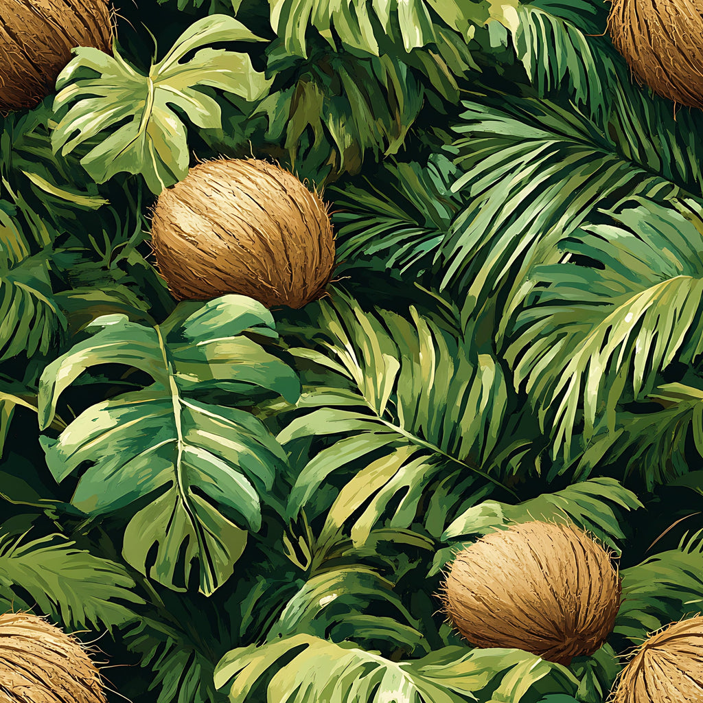tropical leaves, coconut pattern, jungle foliage, green shades, brown coconuts, palm fronds, monstera leaves, botanical design,, fabric panel, lush vegetation, tropical paradise, nature motif, summer vibes, exotic plants, leafy pattern, tropical theme, vibrant greens, natural elements, jungle atmosphere