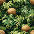 tropical leaves, coconut pattern, jungle foliage, green shades, brown coconuts, palm fronds, monstera leaves, botanical design,, fabric panel, lush vegetation, tropical paradise, nature motif, summer vibes, exotic plants, leafy pattern, tropical theme, vibrant greens, natural elements, jungle atmosphere