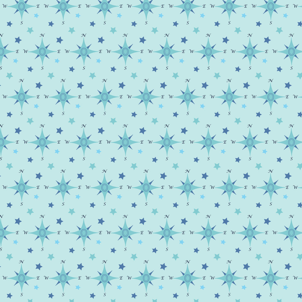 navy blue, light blue, aqua, teal, compass rose, nautical stars, directional letters, maritime theme, geometric pattern, repeating design, sailing motif, ocean inspired,, fabric panel, coordinate print, nautical navigation, sea compass, starfish shapes, maritime symbols, coastal design