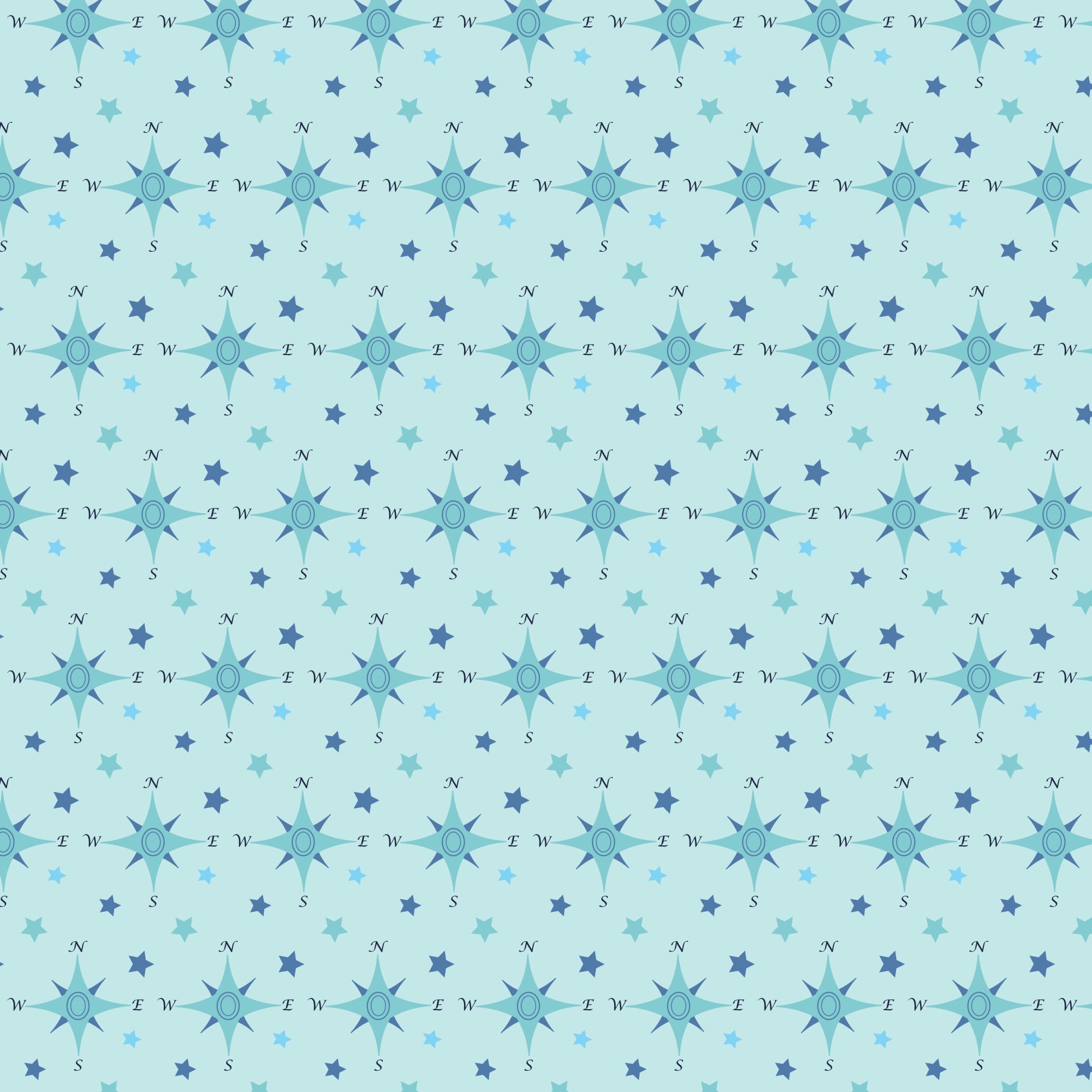 navy blue, light blue, aqua, teal, compass rose, nautical stars, directional letters, maritime theme, geometric pattern, repeating design, sailing motif, ocean inspired,, fabric panel, coordinate print, nautical navigation, sea compass, starfish shapes, maritime symbols, coastal design