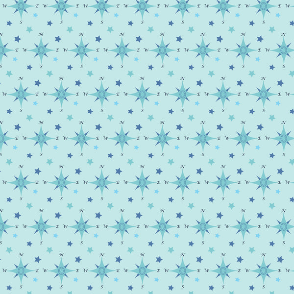navy blue, light blue, aqua, teal, compass rose, nautical stars, directional letters, maritime theme, geometric pattern, repeating design, sailing motif, ocean inspired,, fabric panel, coordinate print, nautical navigation, sea compass, starfish shapes, maritime symbols, coastal design