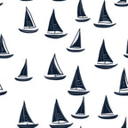 navy blue, white, sailboats, nautical pattern, repeating motif, maritime theme, sailing vessels, ocean theme,, fabric panel, boat silhouettes, monochromatic design, scattered placement, triangular sails, water craft, seamless repeat, coastal style, marine elements, geometric sails, recreational sailing