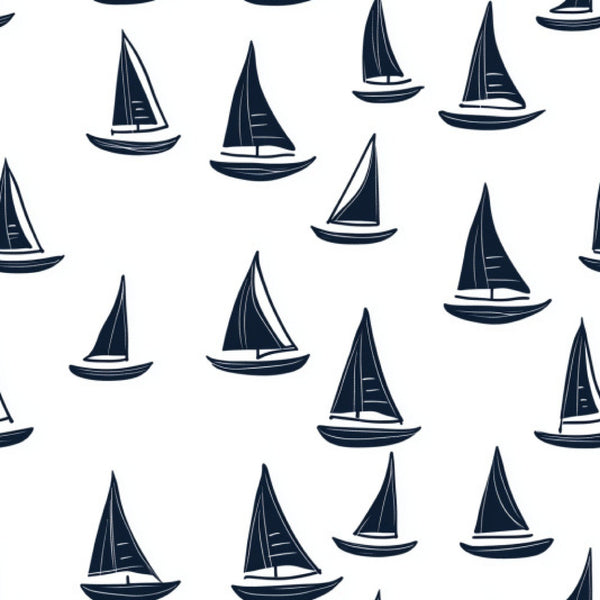 navy blue, white, sailboats, nautical pattern, repeating motif, maritime theme, sailing vessels, ocean theme,, fabric panel, boat silhouettes, monochromatic design, scattered placement, triangular sails, water craft, seamless repeat, coastal style, marine elements, geometric sails, recreational sailing