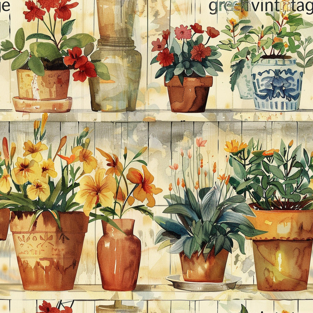 terracotta pots, botanical illustration, potted plants, shelving display, red flowers, yellow blooms, orange lilies, green foliage, blue ceramic, watercolor style, garden theme, floral motifs, vintage aesthetic,, fabric panel, rustic charm, plant collection, cottage garden, warm earth tones, botanical prints
