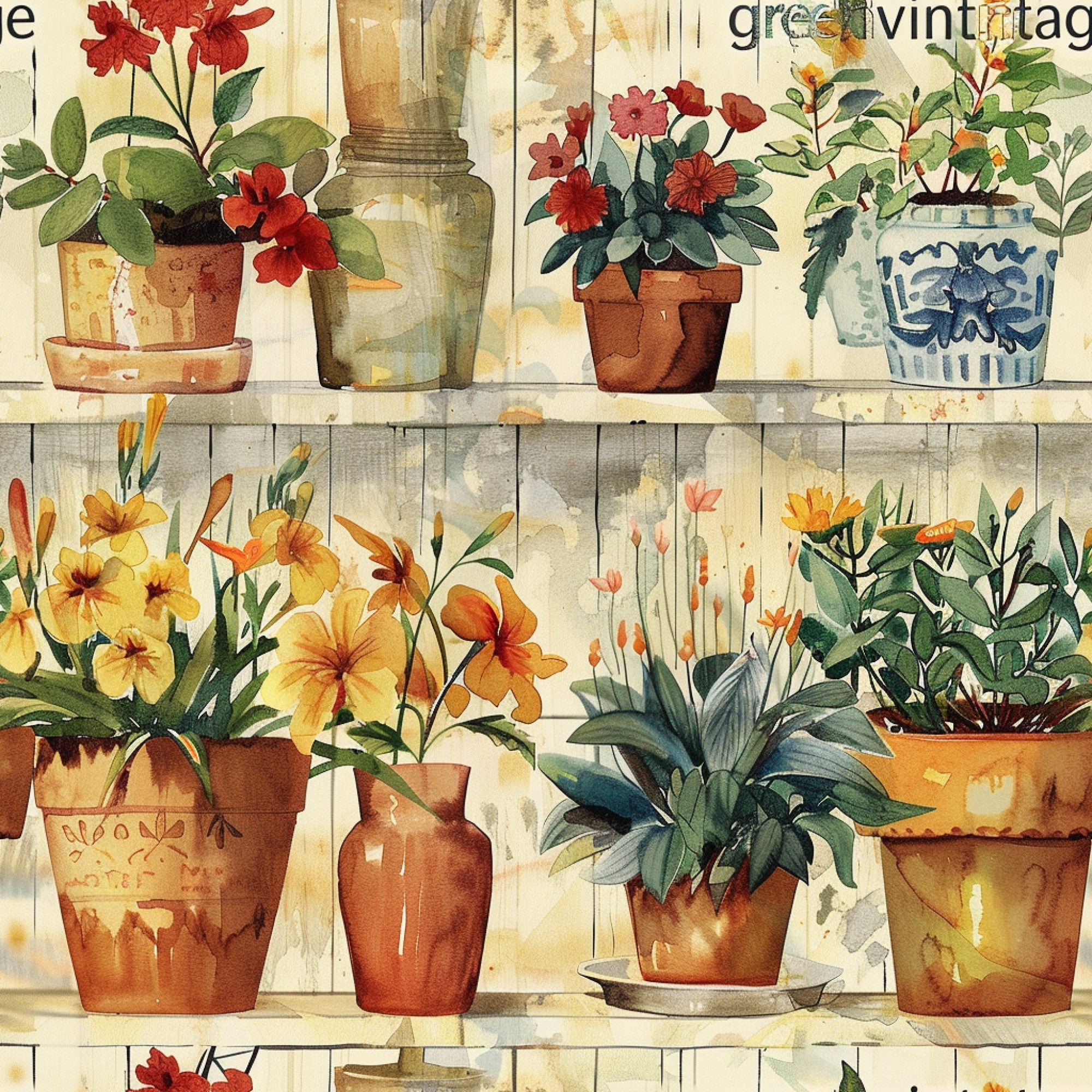 terracotta pots, botanical illustration, potted plants, shelving display, red flowers, yellow blooms, orange lilies, green foliage, blue ceramic, watercolor style, garden theme, floral motifs, vintage aesthetic,, fabric panel, rustic charm, plant collection, cottage garden, warm earth tones, botanical prints