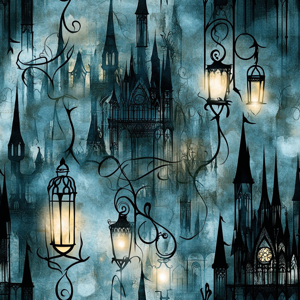 teal, slate blue, charcoal black, gothic, dark academia, castle, spires, towers, ornate lanterns, haunted mansion, victorian, dark fantasy, magical, whimsical, moody, atmospheric, elegant, dramatic, mysterious, enchanted forest, storybook, fairytale, wrought iron, architectural, night scene, twilight, gloomy, ornamental, decorative, dark romance