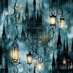 teal, slate blue, charcoal black, gothic, dark academia, castle, spires, towers, ornate lanterns, haunted mansion, victorian, dark fantasy, magical, whimsical, moody, atmospheric, elegant, dramatic, mysterious, enchanted forest, storybook, fairytale, wrought iron, architectural, night scene, twilight, gloomy, ornamental, decorative, dark romance