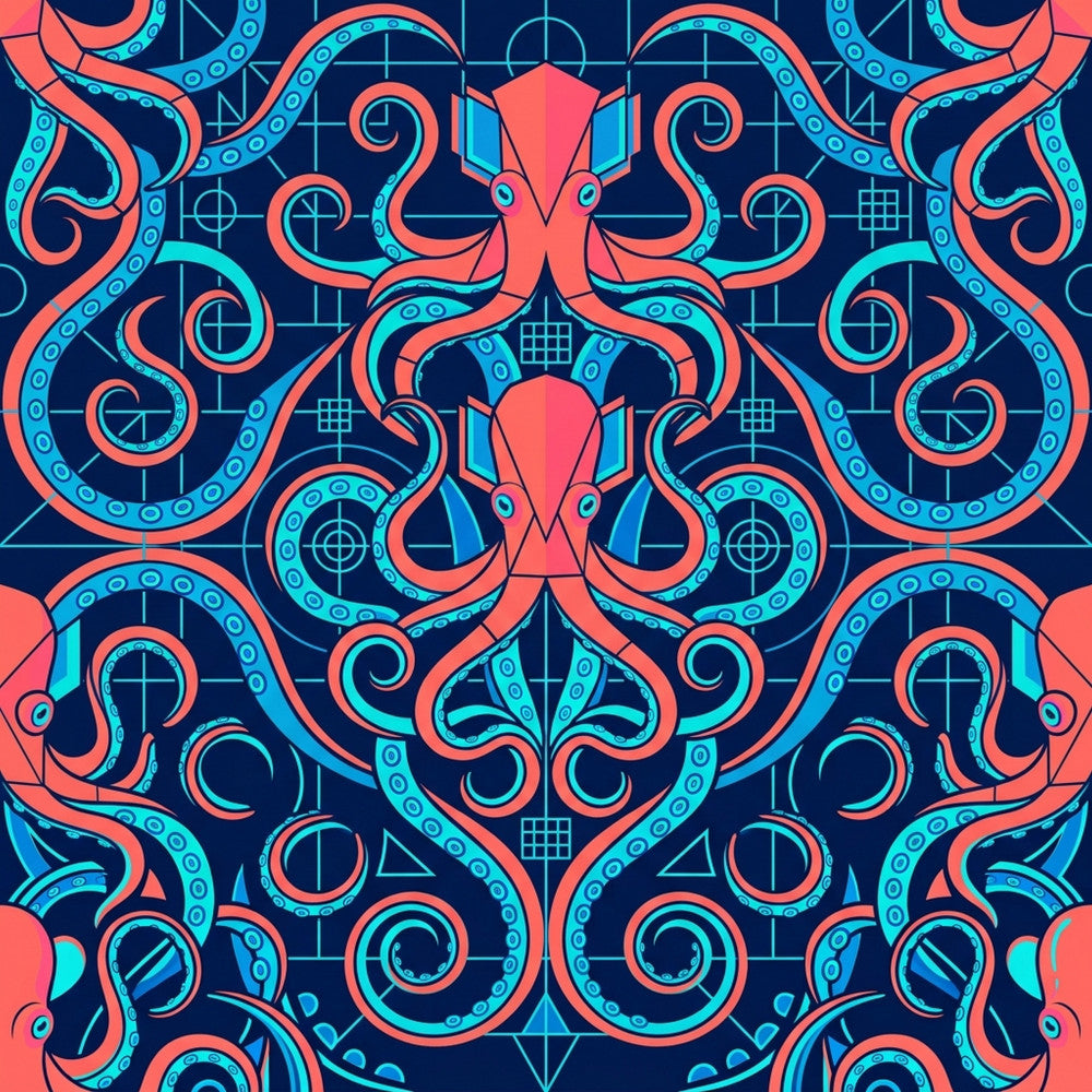 coral red, cyan blue, navy blue, neon blue, vibrant red, geometric, abstract, symmetrical, octopus, tentacles, steampunk, futuristic, modern, contemporary, tech, sci-fi, science fiction, retro futuristic, bold, striking, intricate, ornamental, decorative, playroom, kids room, gaming room, teen room