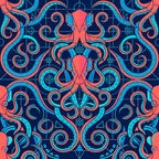 coral red, cyan blue, navy blue, neon blue, vibrant red, geometric, abstract, symmetrical, octopus, tentacles, steampunk, futuristic, modern, contemporary, tech, sci-fi, science fiction, retro futuristic, bold, striking, intricate, ornamental, decorative, playroom, kids room, gaming room, teen room