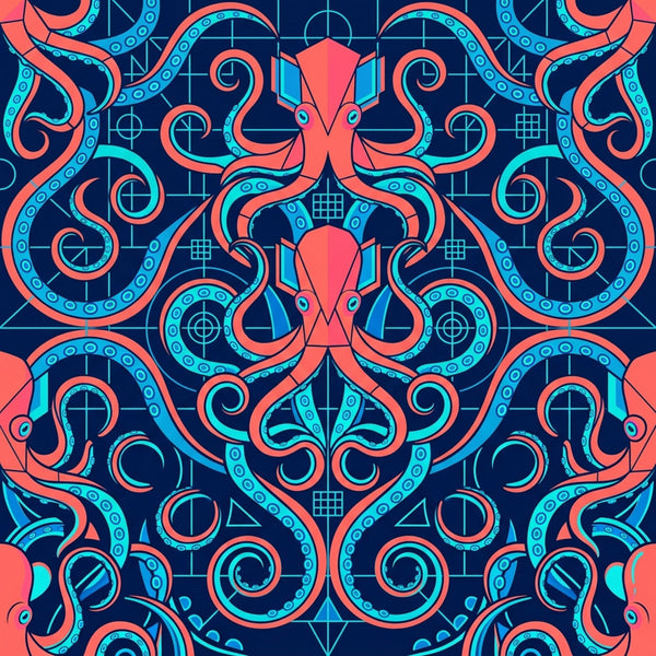 coral red, cyan blue, navy blue, neon blue, vibrant red, geometric, abstract, symmetrical, octopus, tentacles, steampunk, futuristic, modern, contemporary, tech, sci-fi, science fiction, retro futuristic, bold, striking, intricate, ornamental, decorative, playroom, kids room, gaming room, teen room