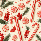 red and white, candy cane, peppermint, holiday, christmas, festive, winter, pinecone, evergreen, holly berries, red berries, peppermint swirl, striped candy, candy theme, whimsical, traditional, vintage, retro, cream background, off-white, red accents, seasonal, nursery, kids room, playroom, children's, cute, cheerful, classic holiday