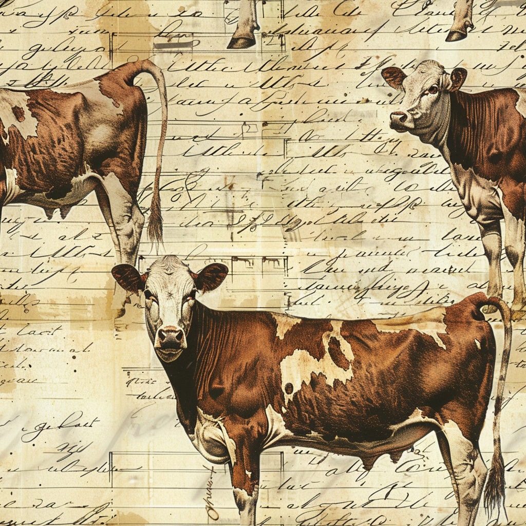 brown, cream, sepia tones, dairy cows, holstein cattle, farm animals, vintage illustrations, cursive script, handwritten text, aged paper, rustic style, pastoral theme, country living,, fabric panel, nostalgic artwork, agricultural motifs, livestock drawings, antique lettering, farmhouse aesthetic