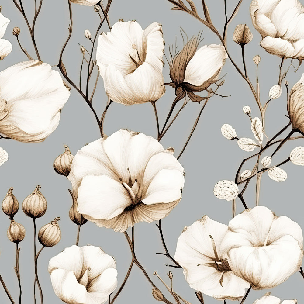 cream white, soft gray, taupe, botanical, floral, delicate flowers, nature, vintage, elegant, romantic, peaceful, calm, botanical illustration, line art, sketch style, petals, buds, stems, branches, cottage core, farmhouse, timeless, sophisticated, neutral tones, muted colors, heirloom, classic, graceful, spring, summer