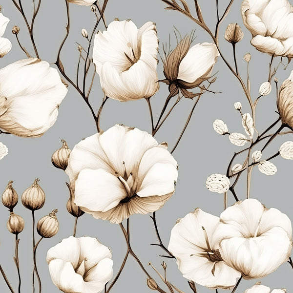 cream white, soft gray, taupe, botanical, floral, delicate flowers, nature, vintage, elegant, romantic, peaceful, calm, botanical illustration, line art, sketch style, petals, buds, stems, branches, cottage core, farmhouse, timeless, sophisticated, neutral tones, muted colors, heirloom, classic, graceful, spring, summer
