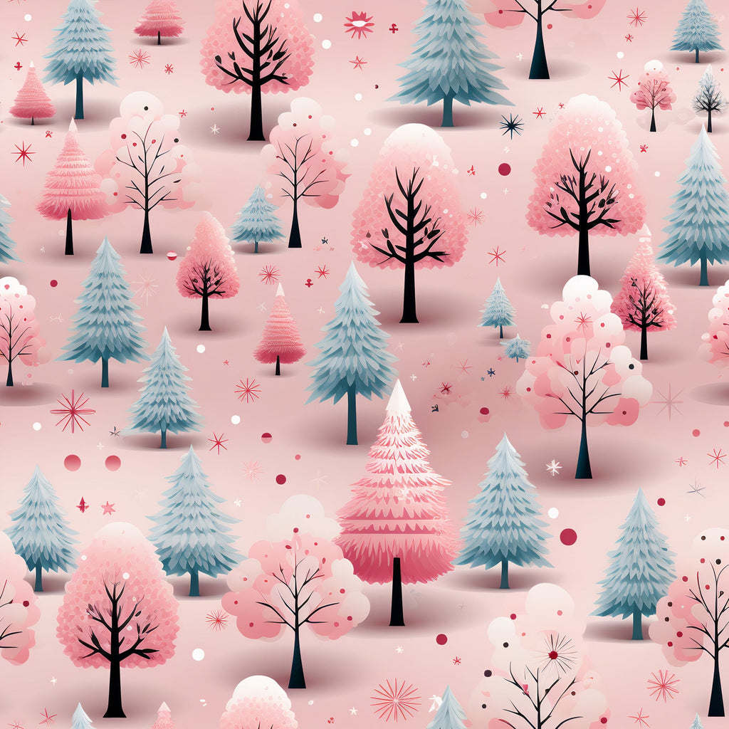 christmas trees, winter forest, pink background, blue evergreens, coral pink trees, bare branches, snowflakes, stars, polka dots, whimsical illustration, modern art style,, fabric panel, holiday theme, winter wonderland, geometric shapes, scattered pattern, festive design, pastel colors, dreamy atmosphere