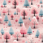 christmas trees, winter forest, pink background, blue evergreens, coral pink trees, bare branches, snowflakes, stars, polka dots, whimsical illustration, modern art style,, fabric panel, holiday theme, winter wonderland, geometric shapes, scattered pattern, festive design, pastel colors, dreamy atmosphere