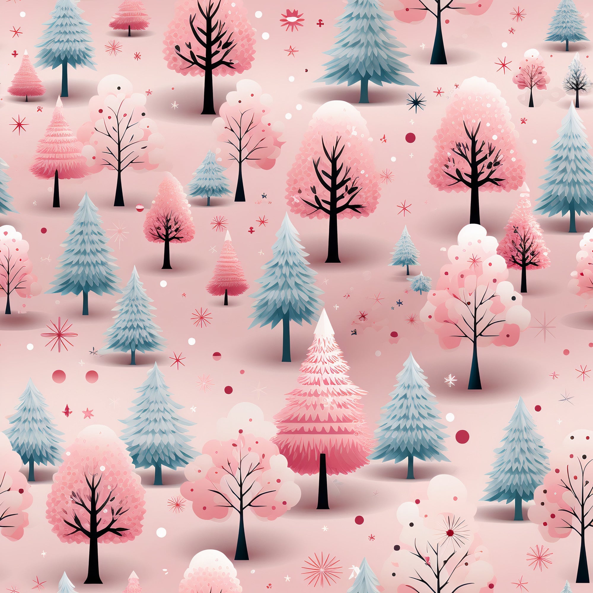 christmas trees, winter forest, pink background, blue evergreens, coral pink trees, bare branches, snowflakes, stars, polka dots, whimsical illustration, modern art style,, fabric panel, holiday theme, winter wonderland, geometric shapes, scattered pattern, festive design, pastel colors, dreamy atmosphere